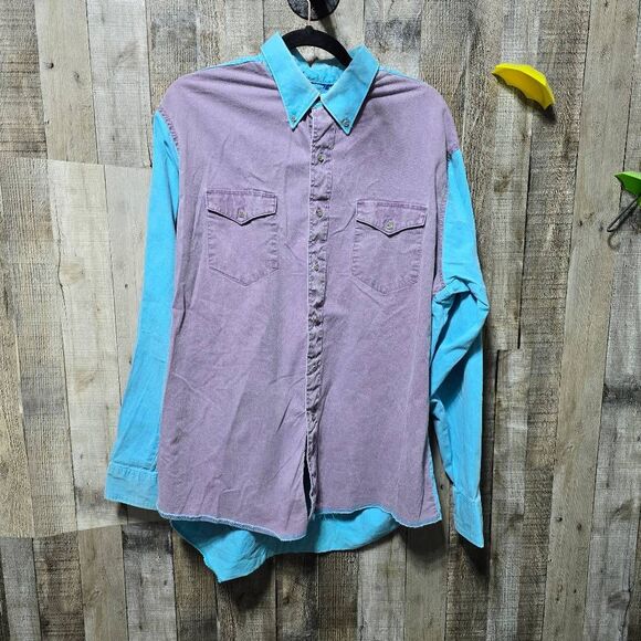 Wrangler Vintage 80s Teal and Purple Two Tone Button Down Western Cowboy Shirt - Picture 2 of 4